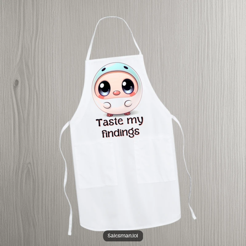 Funny apron showcasing a round creature with big eyes, presenting a small, shiny sample, ideal for a humorous kitchen experience.
