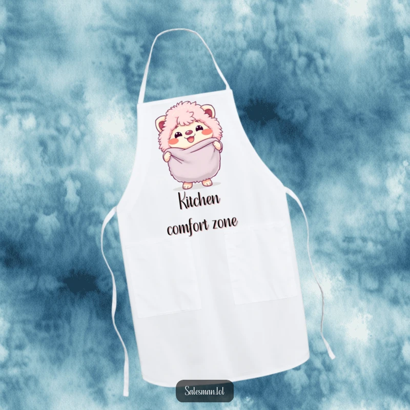 Funny apron showcasing a fluffy creature with a cheerful grin, holding a large, soft fabric swatch, ready for messy fun.