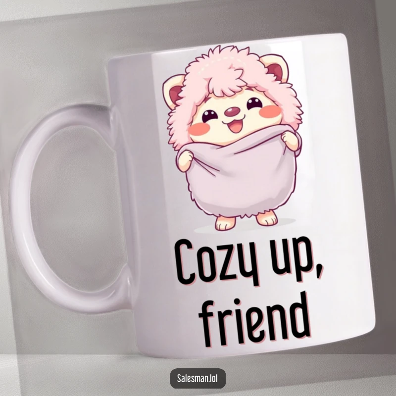 Funny mug featuring a fluffy creature with a cheerful grin, holding a large, soft fabric swatch, looking delighted and cozy.