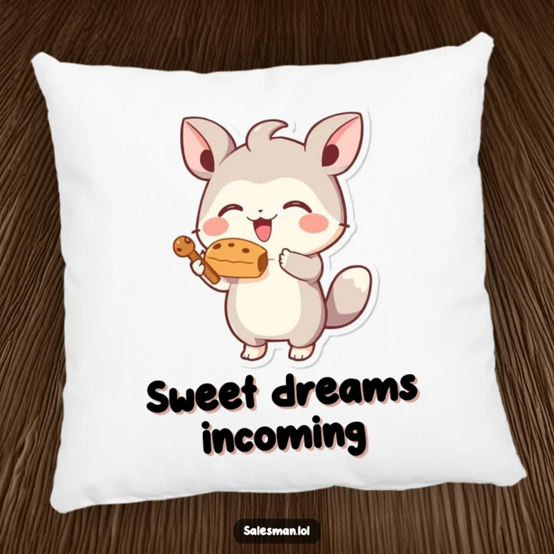 Funny pillow of a small, energetic creature joyfully offering a tempting, stylized treat, designed for comfort and amusement.