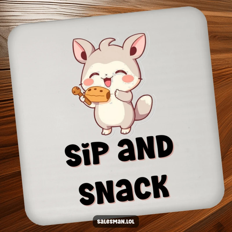 Funny coaster showing a small, energetic creature offering a tempting, stylized treat, protecting surfaces with charm.