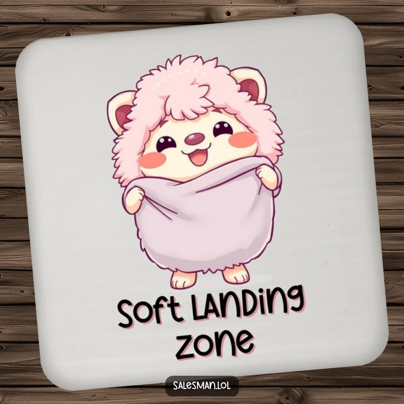 Funny coaster showing a fluffy creature with a cheerful grin, holding a large, soft fabric swatch, protecting surfaces with style.