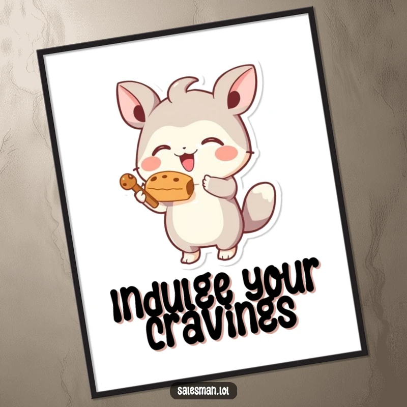 Funny poster print of a small, energetic creature joyfully presenting a tempting, stylized treat, creating a fun and vibrant scene.