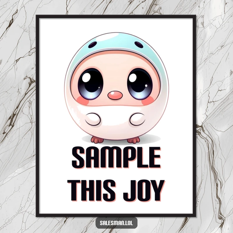 Funny poster print of a round creature with expressive wide eyes, holding out a small, shiny sample, creating a humorous and captivating scene.