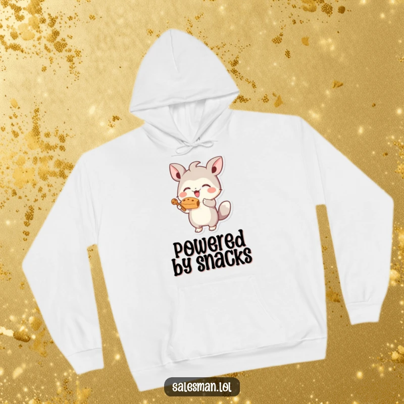 Funny hoodie print of a small, energetic creature, joyfully holding out a tempting, stylized treat, looking eager to share.