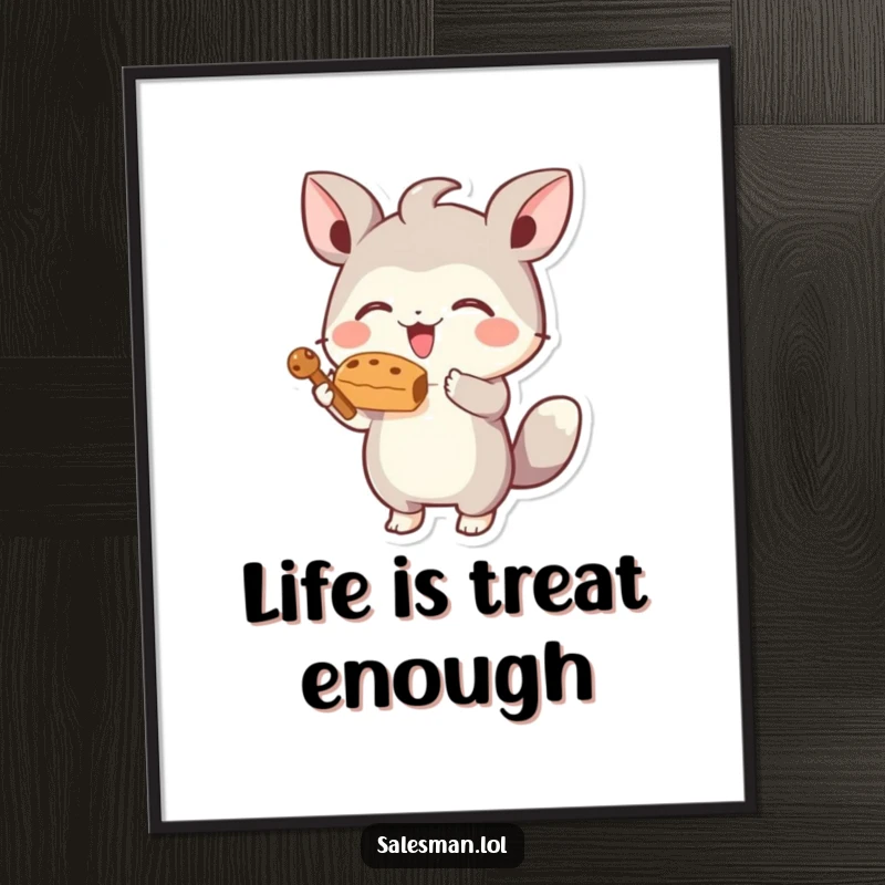 Funny free printable wall art of a small energetic creature joyfully offering a tempting stylized treat, vibrant decor.