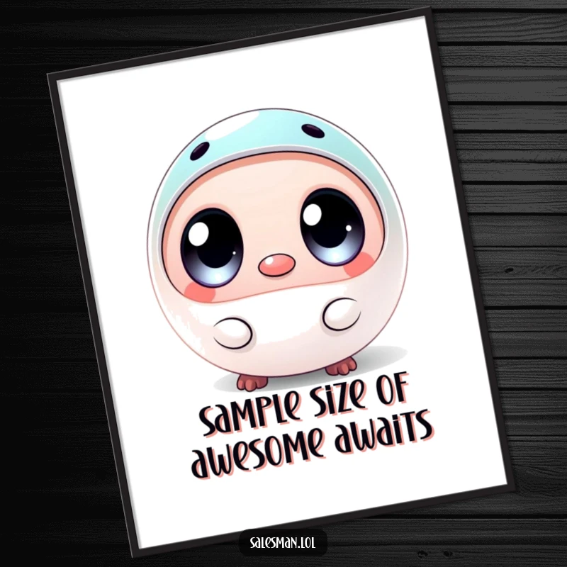 Funny free printable wall art of a round creature with big eyes presenting a small shiny sample, quirky home decor.