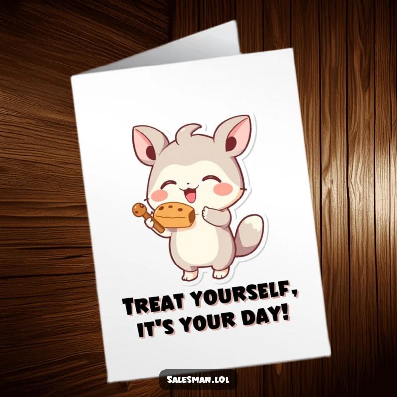 Funny free printable birthday card: small energetic creature joyfully offers a stylized tempting treat, birthday delight.