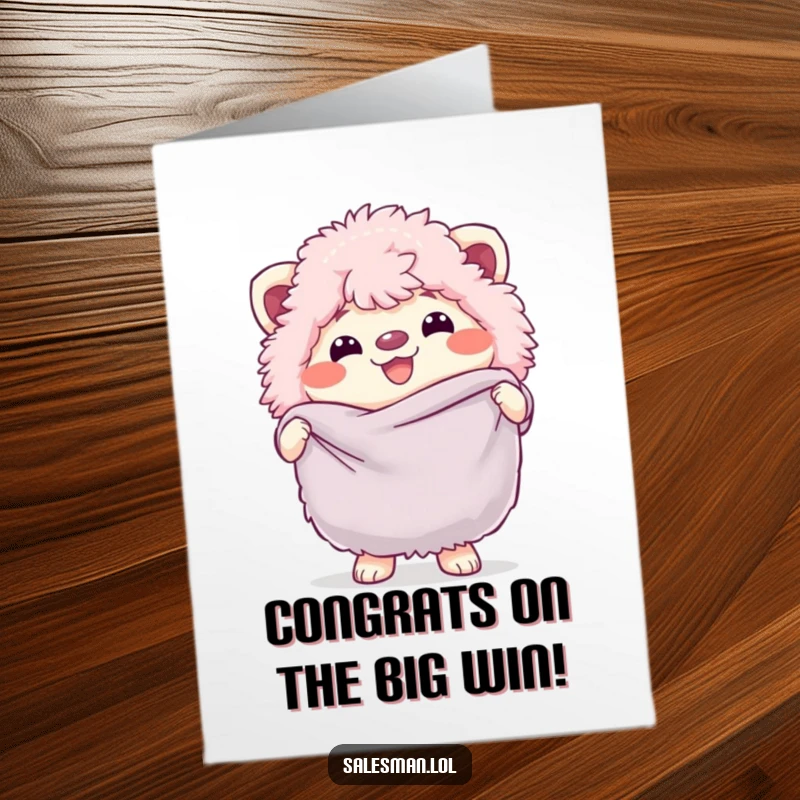 Funny free printable congratulations card: fluffy creature with happy grin holds a big soft fabric swatch, celebrating success.