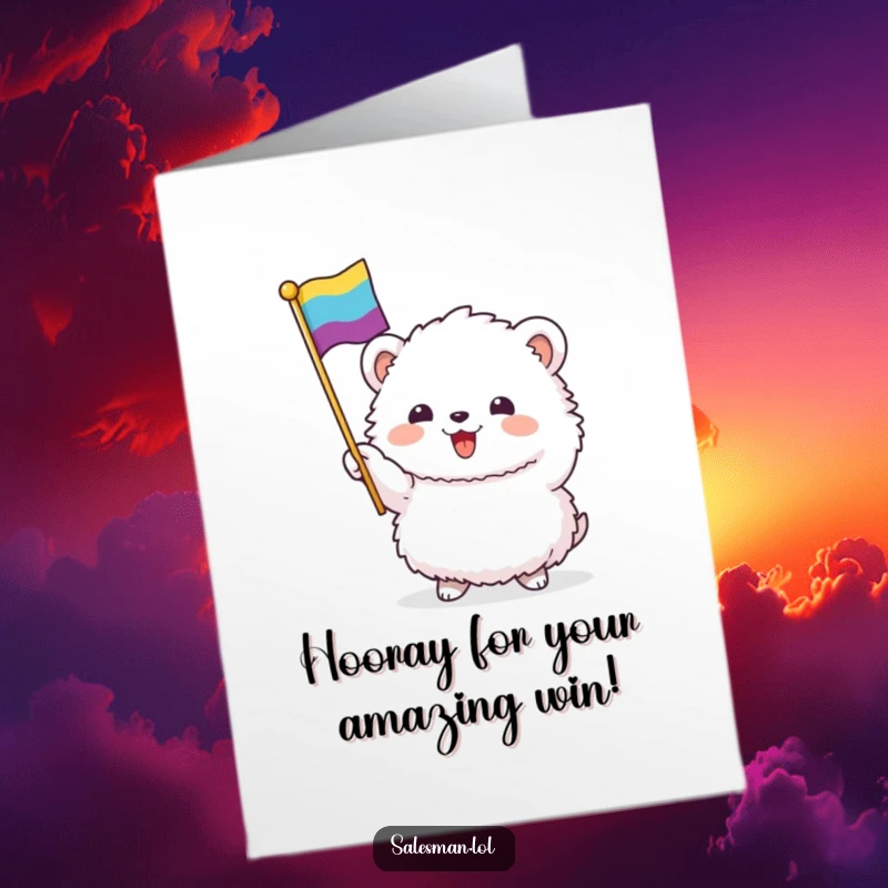 Funny Free Printable Congratulations Card: A fluffy creature happily waving a colorful flag, celebrating a victory or achievement.