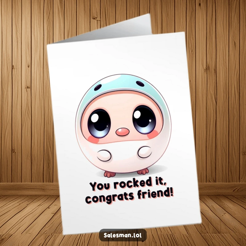 Funny free printable congratulations card: round creature wide eyes presents shiny sample for their grand achievement, celebratory humor.