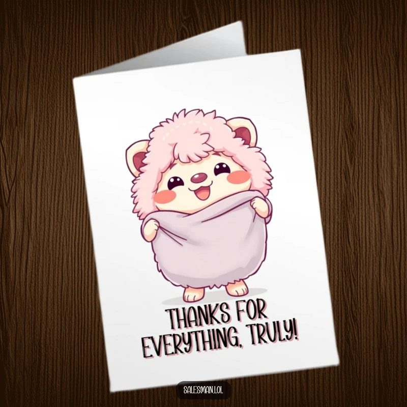 Funny free printable thank you card: fluffy creature with a grin holds a large soft fabric swatch, expressing thanks.