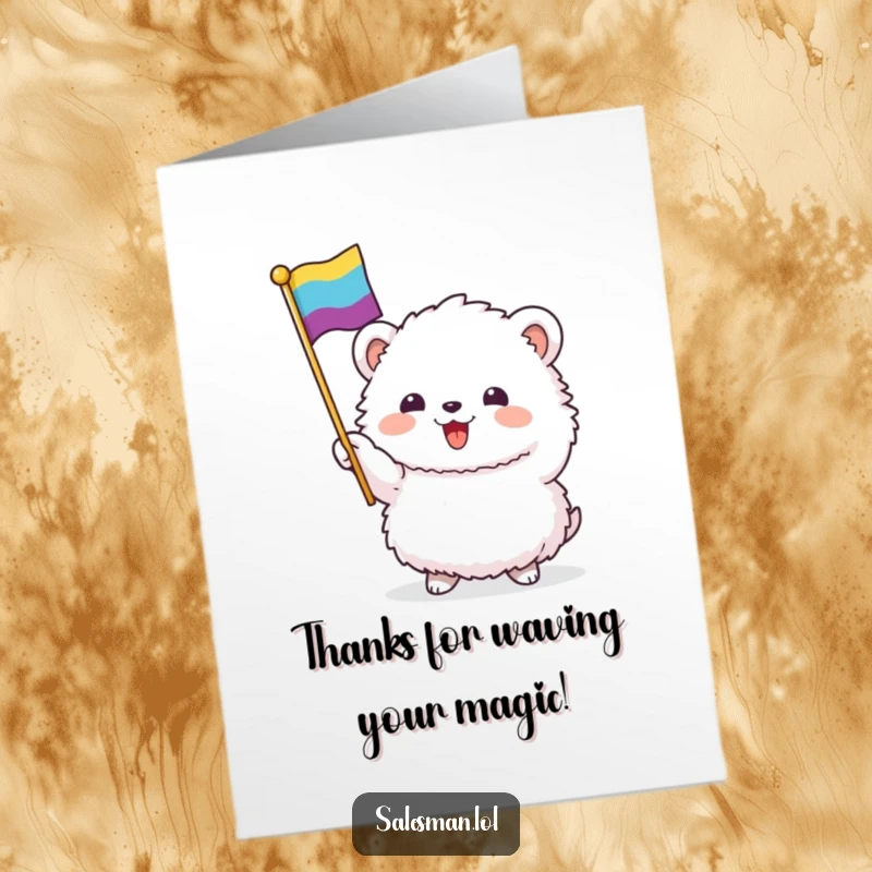 Funny Free Printable Thank You Card: A fluffy creature happily waving a colorful flag to express sincere thanks.