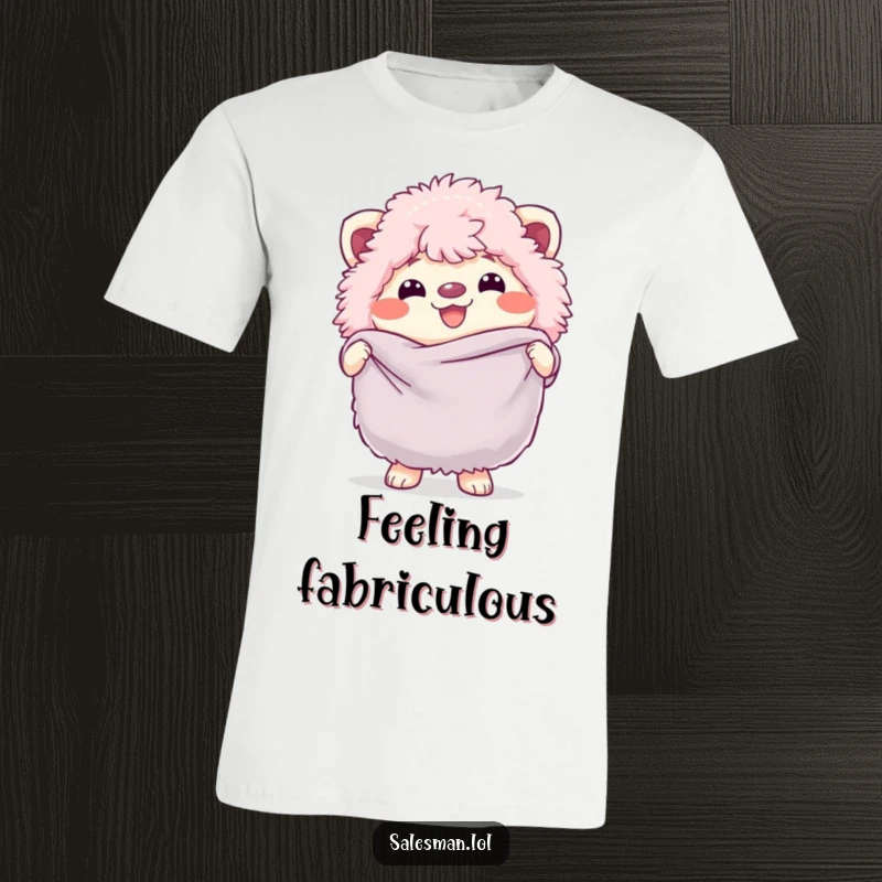 Funny T-shirt featuring a fluffy creature, beaming with a cheerful grin, holding a large, soft fabric swatch, radiating joy.